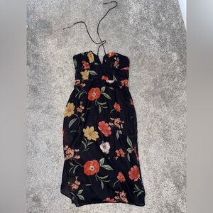 Floral Halter Neck Dress - Black with Red and Yellow Flowers